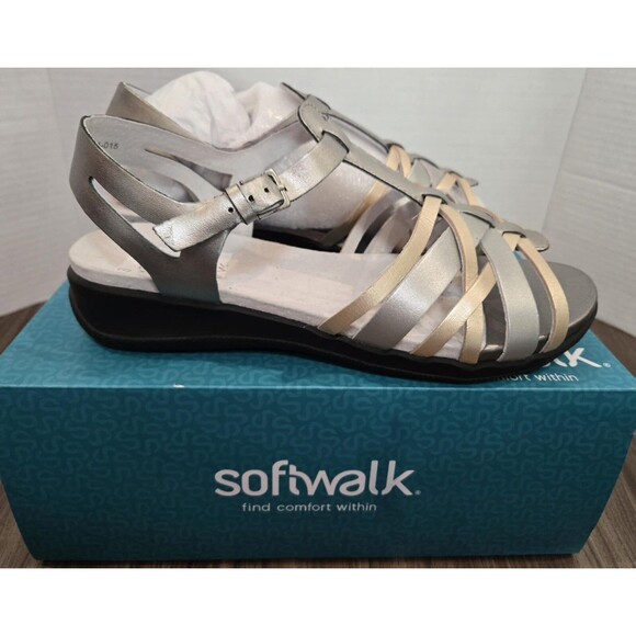 Softwalk Taft S1711-001 Womens 7.5 WW Metallic Leather Strap Sandals Shoes NEW - Picture 1 of 6